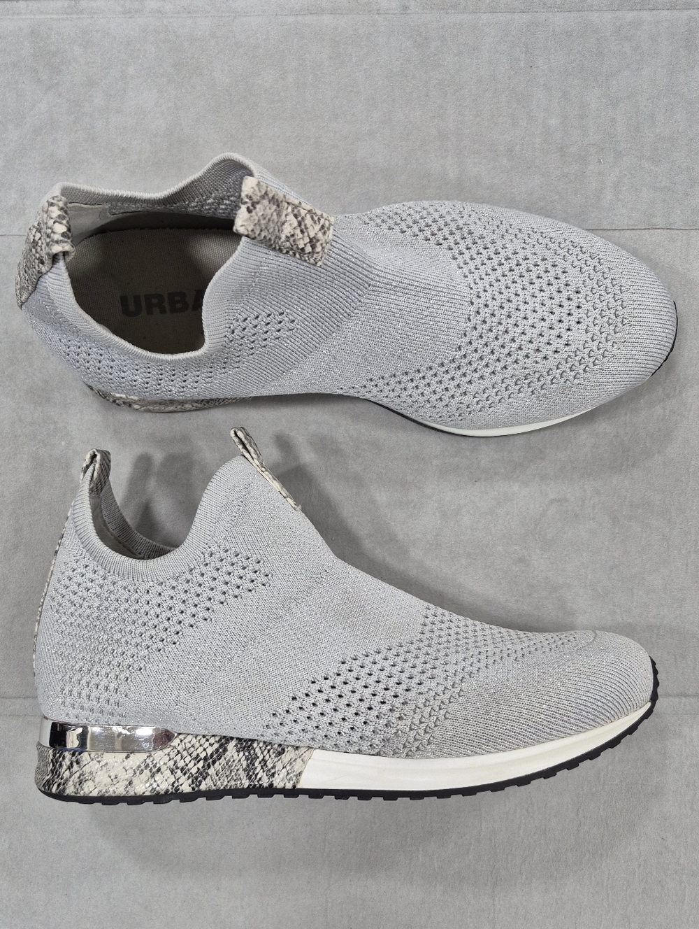 J Slides Urban Sport sneakers women's 8 gray knit silver metallic snake print